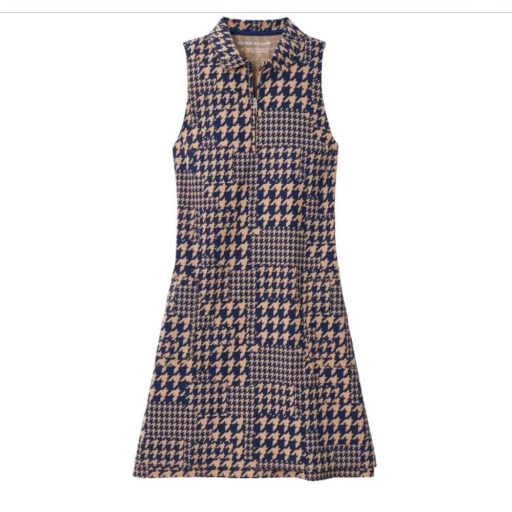 Peter Millar Womens Carner Houndstooth Golf Dress Sleeveless Navy Tan Size S